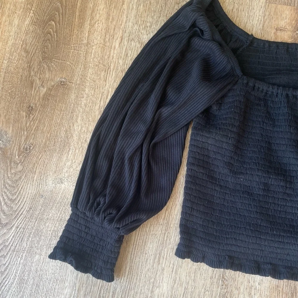 Anthropologie Smocked Square Neck Puff Sleeve Top Black Textured Size Small